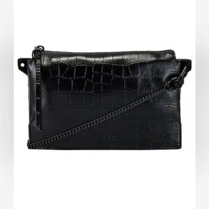 AllSaints Fletcher Leather Crossbody Bag Black Croc-Embossed Leather Crossbody